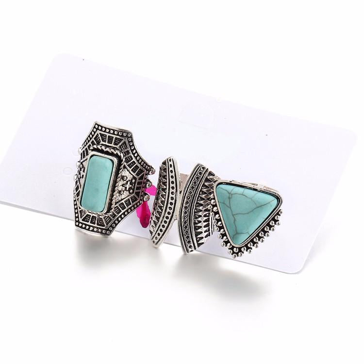 Hot Selling Boho Styled Turquoise and Silver 3 Piece Ring Set