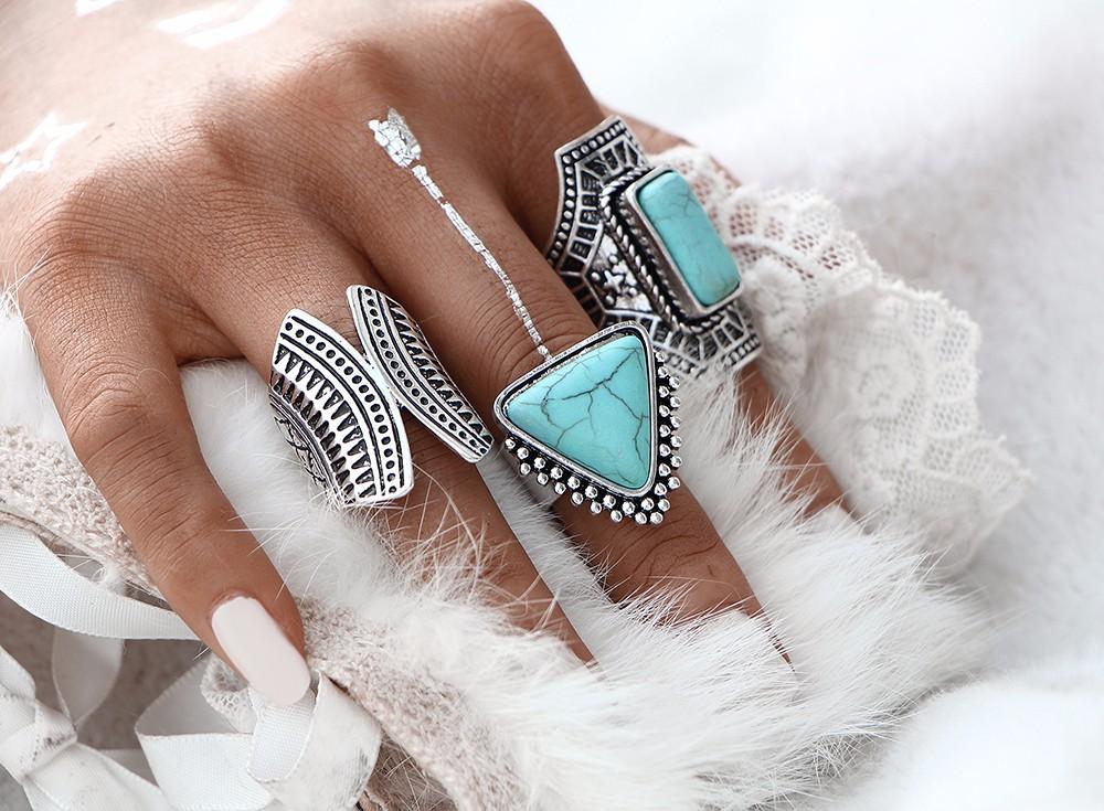 Hot Selling Boho Styled Turquoise and Silver 3 Piece Ring Set